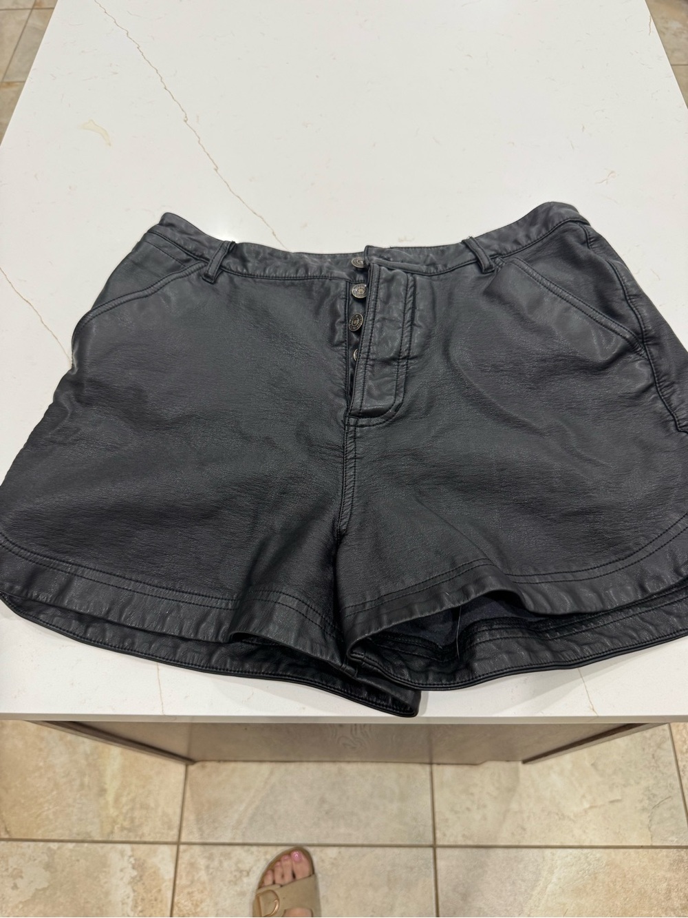 Free People Black Faux Leather High-Waist Button Shorts